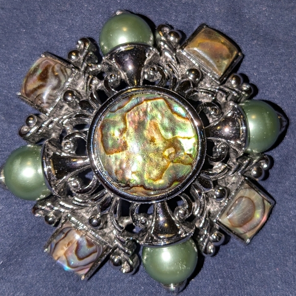 Joan Rivers Large Maltese Brooch Pin Green Faux Pearls Abalone - Picture 1 of 4